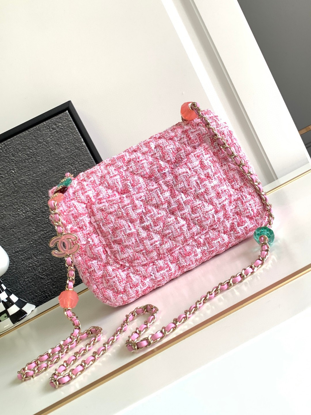Ch*el flap bag pink tweed 14.5x18.5x6.5cm