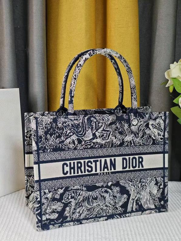 large D*or book tote blue and ecru toile de jouy reverse embroidery 16.5 x 14 x 7.5 inches
