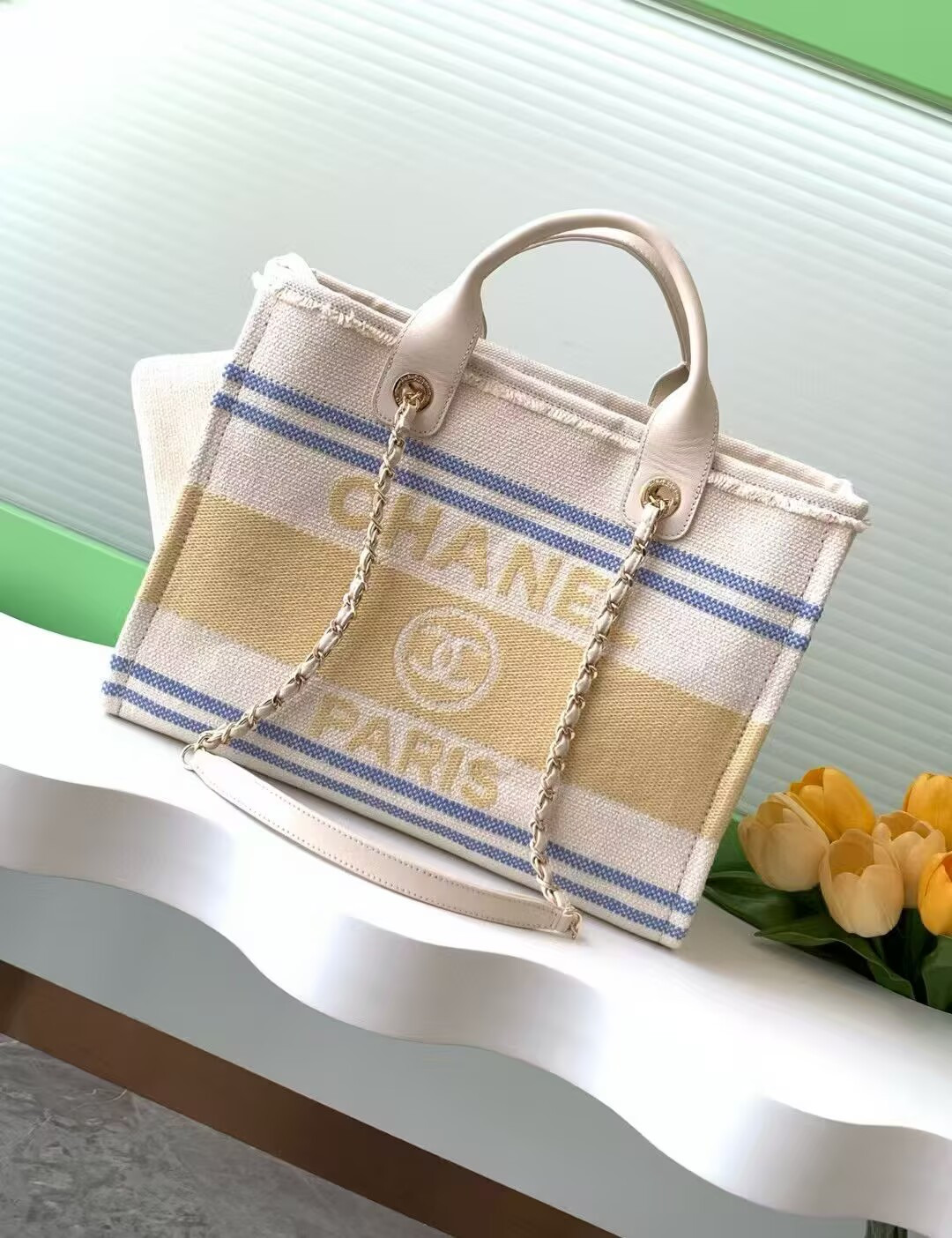 Ch*el shopping bag cotton canvas & gold-tone metal 34x27x16cm