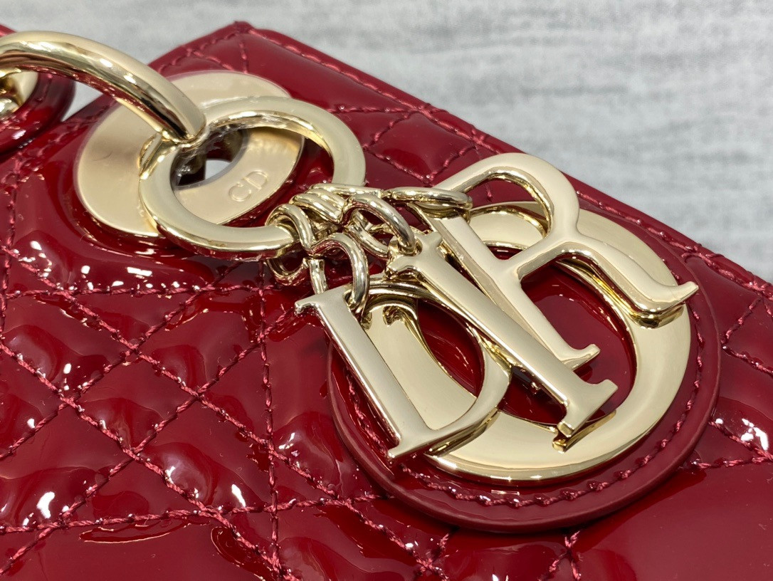 mini lady D*or bag  cherry red patent cannage calfskin 6.5 x 6 x 3 inches