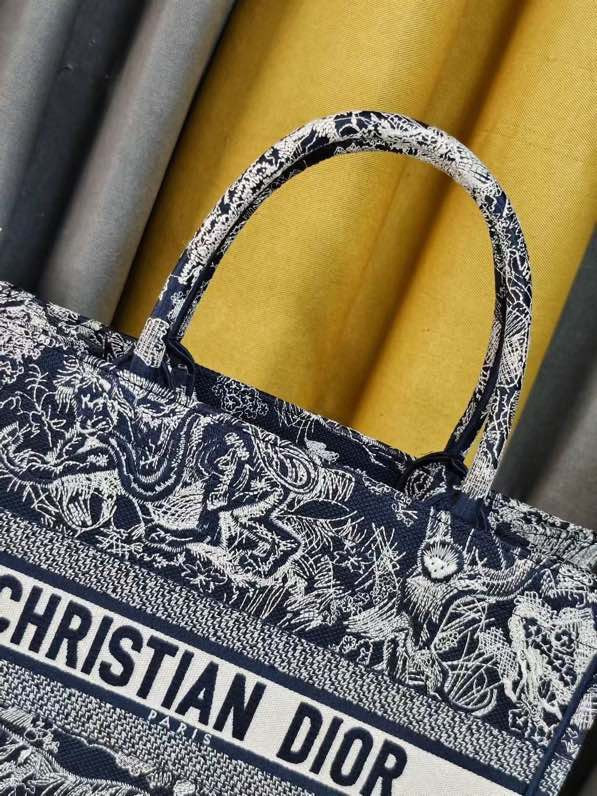 large D*or book tote blue and ecru toile de jouy reverse embroidery 16.5 x 14 x 7.5 inches