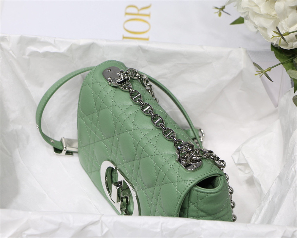 small d*or caro bag green S*pple cannage calfskin with silver hardware 20 x 12 x 7 cm
