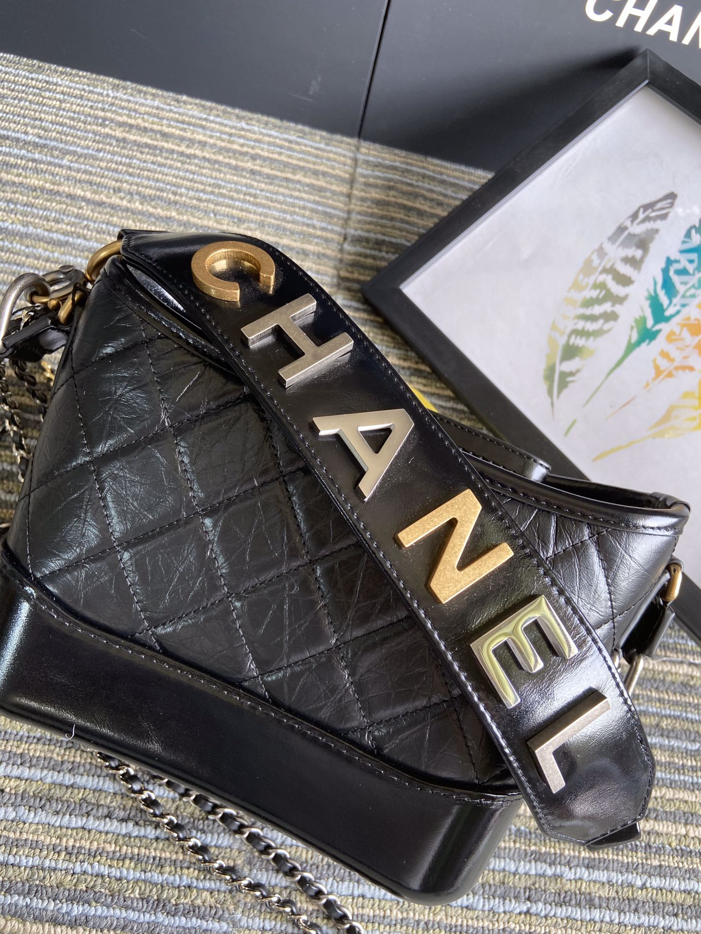 Ch*el gabrielle small black with shoulder strap letters 20 x 15 x 8cm