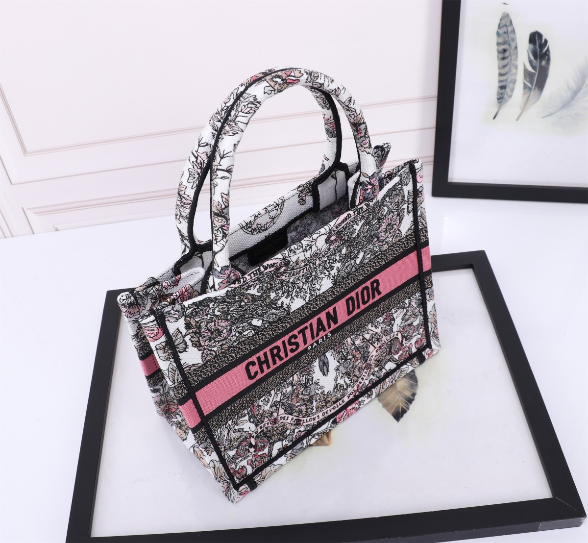 small D*or book tote white and pastel pink butterfly around the world embroidery  10.5 x 8.5 x 5.5 inches