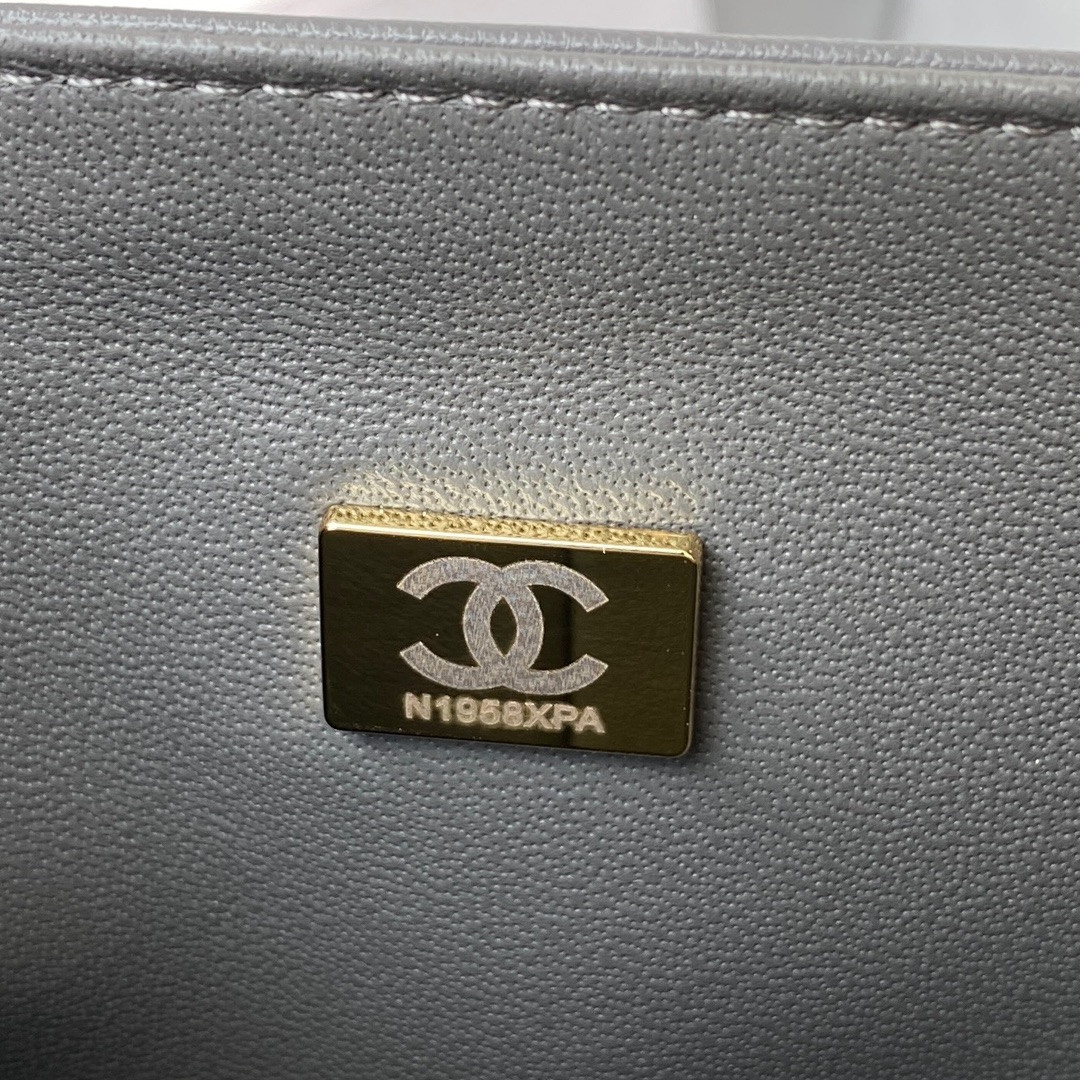 Ch*el classic handbag grained shiny calfskin & gold-tone metal gray 6 × 9.9 × 2.5 in