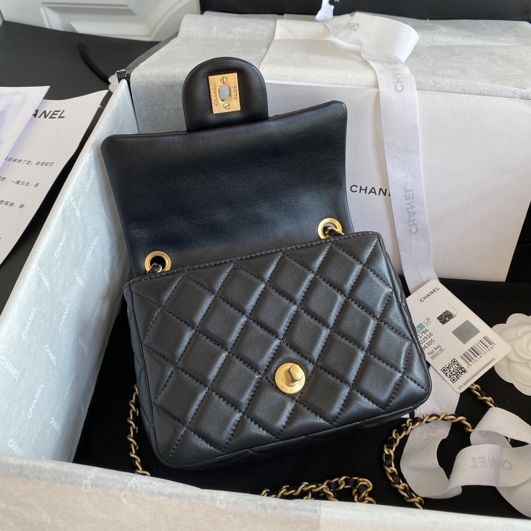 Ch*el mini flap bag shiny calfskin & gold-tone metal black 5.3 × 6.6 × 3.1 in