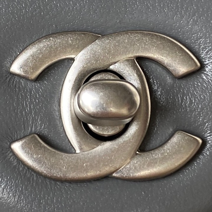 Ch*el mini flap bag shiny calfskin & silver-tone metal gray 5.3 × 6.6 × 3.1 in