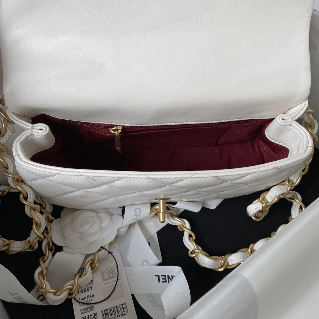Ch*el small classic handbag grained shiny calfskin & gold-tone metal white 5.7 × 9 × 2.3 in