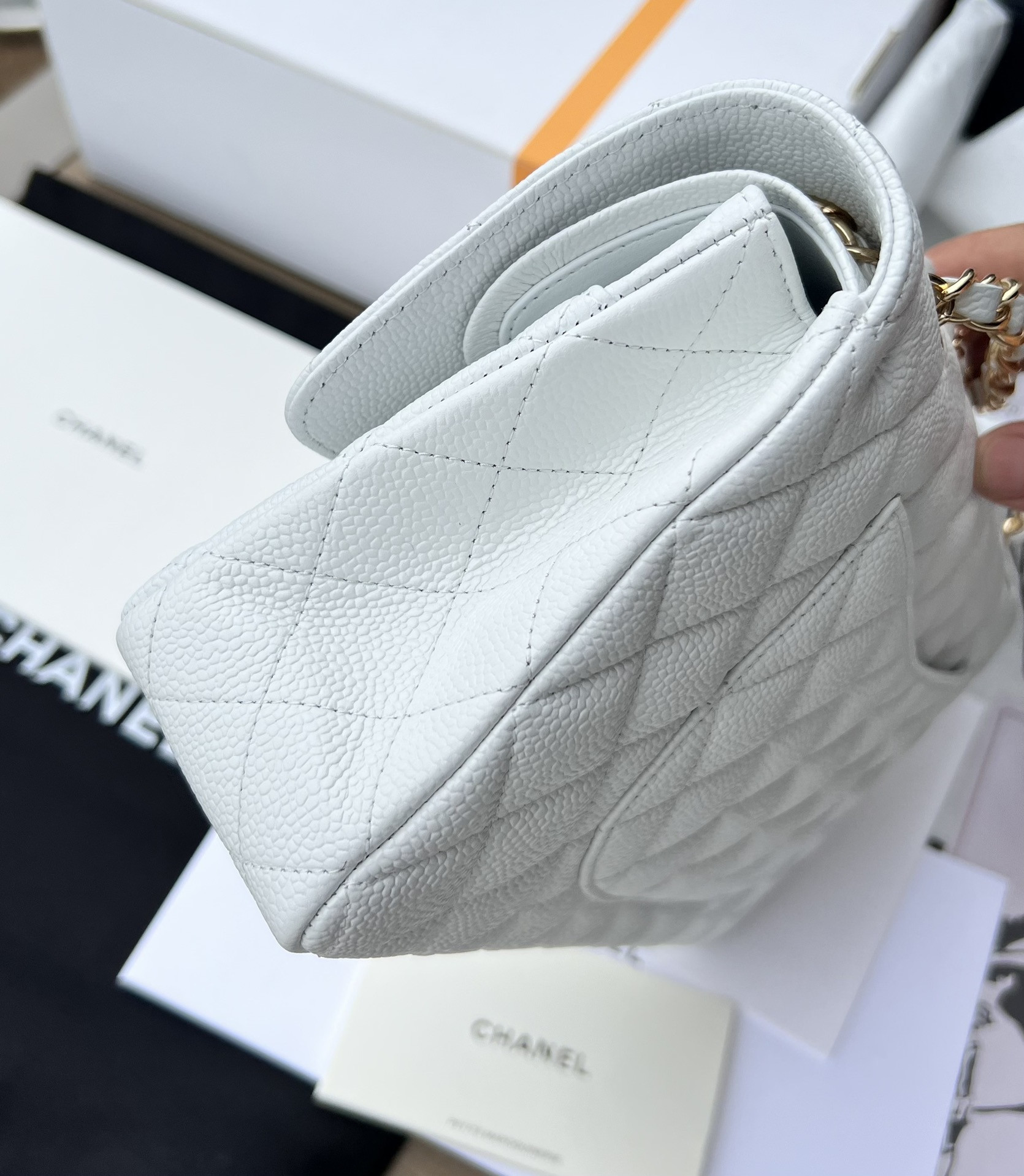 Ch*el classic handbag grained calfskin & gold-tone metal white 6 × 9.9 × 2.5 in