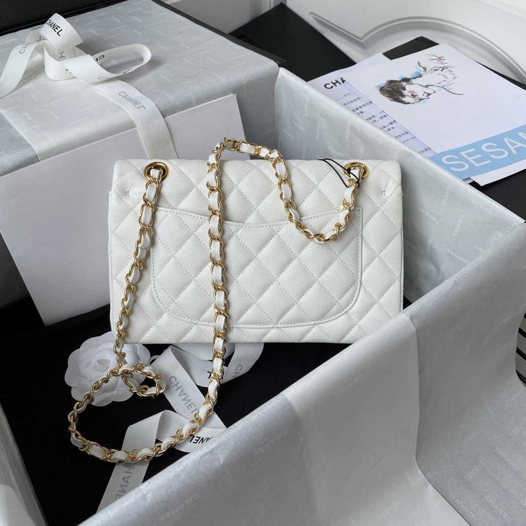 Ch*el small classic handbag grained calfskin & gold-tone metal white 5.7 × 9 × 2.3 in