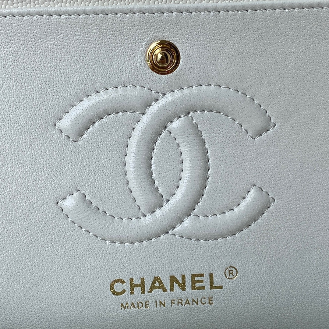 Ch*el small classic handbag grained calfskin & gold-tone metal white 5.7 × 9 × 2.3 in