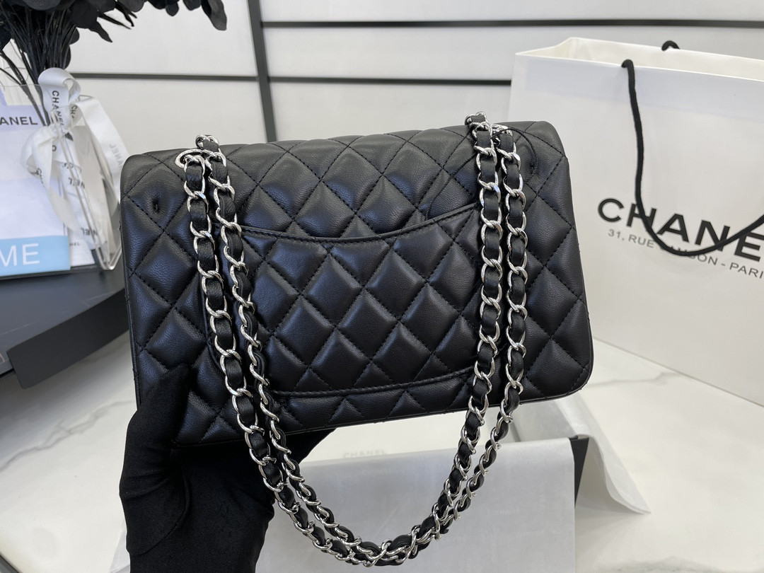 Ch*el small classic handbag grained shiny calfskin & silver-tone metal black 5.7 × 9 × 2.3 in