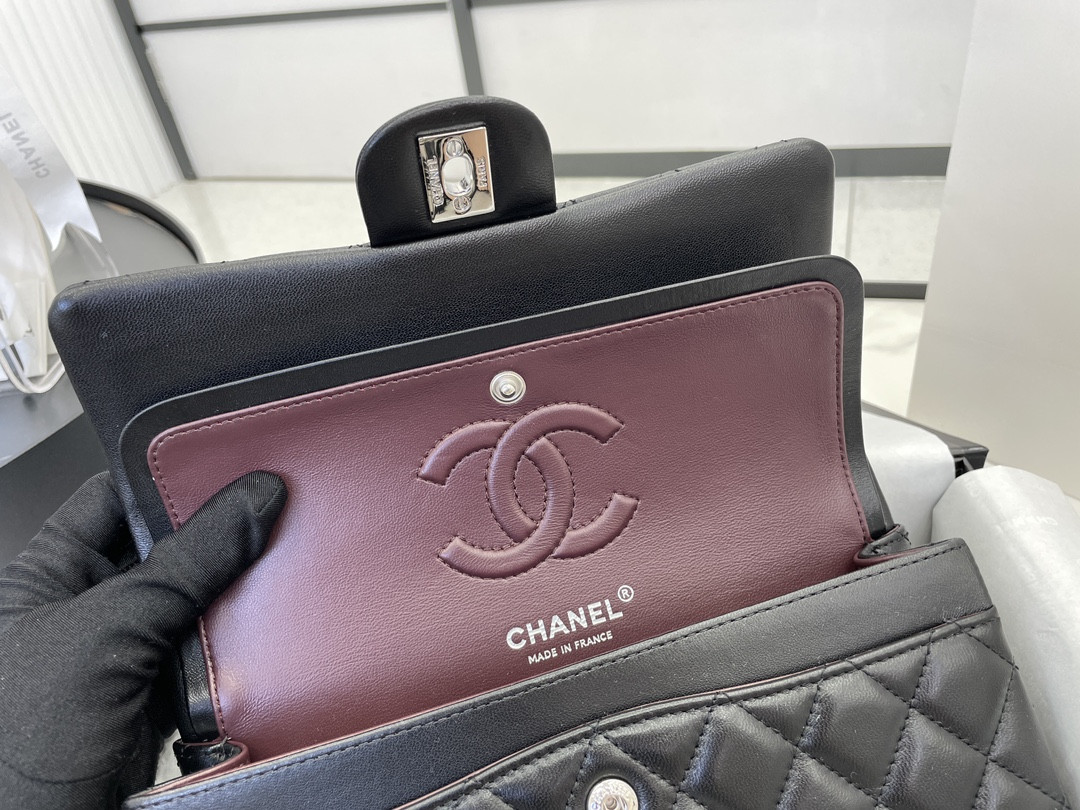 Ch*el small classic handbag grained shiny calfskin & silver-tone metal black 5.7 × 9 × 2.3 in