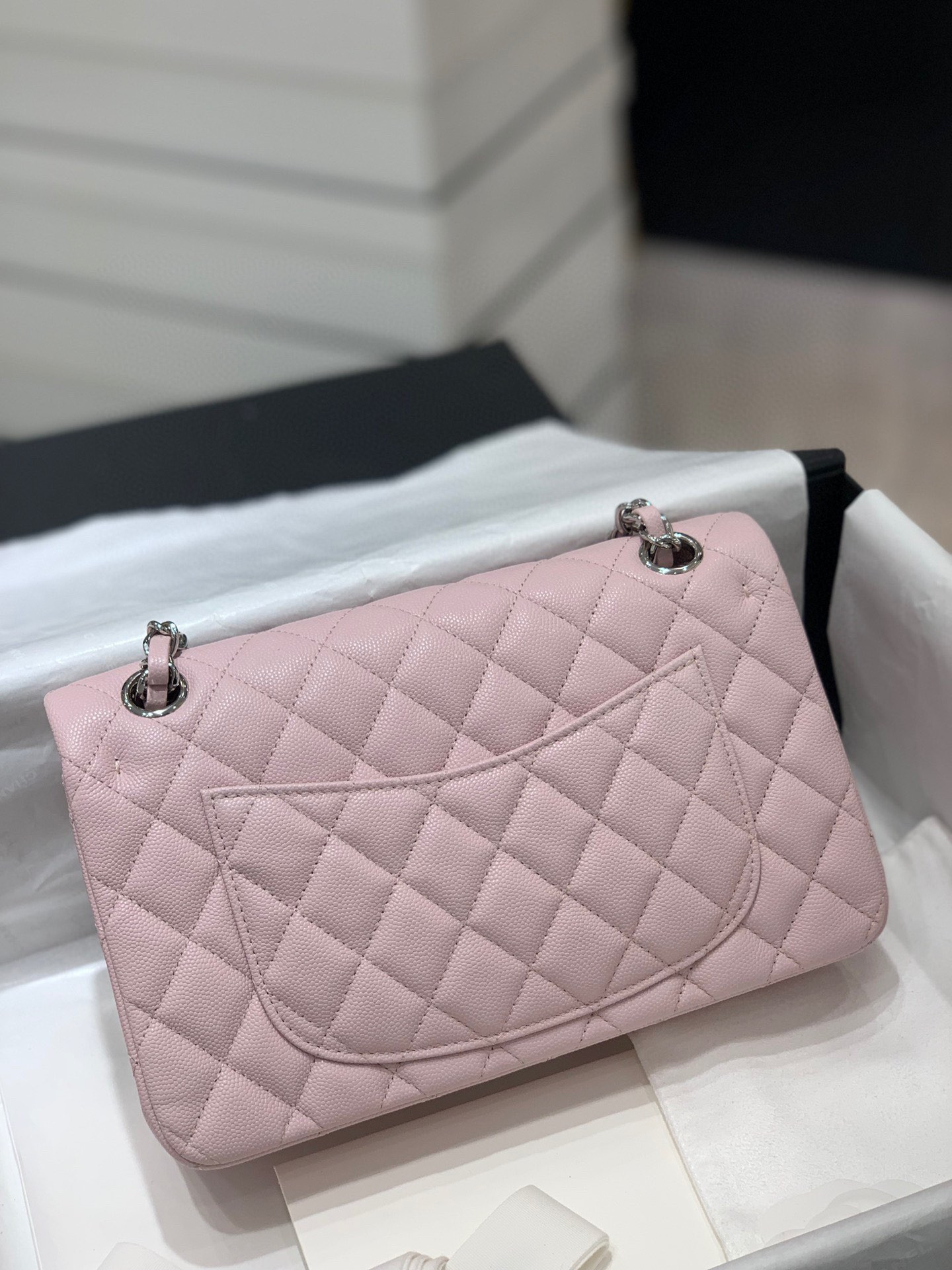Ch*el classic handbag grained calfskin & silver-tone metal pink 6 × 9.9 × 2.5 in
