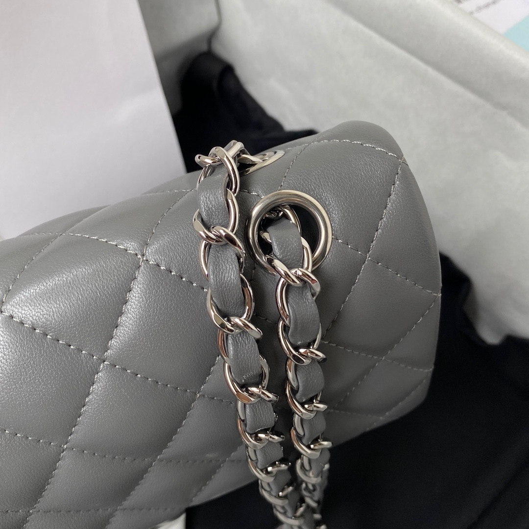 Ch*el small classic handbag grained shiny calfskin & silver-tone metal gray 5.7 × 9 × 2.3 in