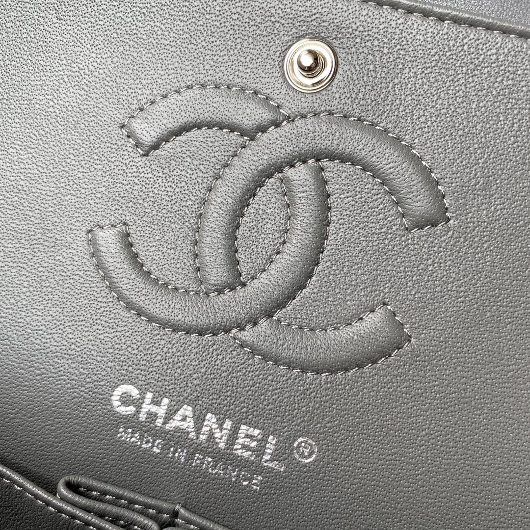 Ch*el small classic handbag grained shiny calfskin & silver-tone metal gray 5.7 × 9 × 2.3 in
