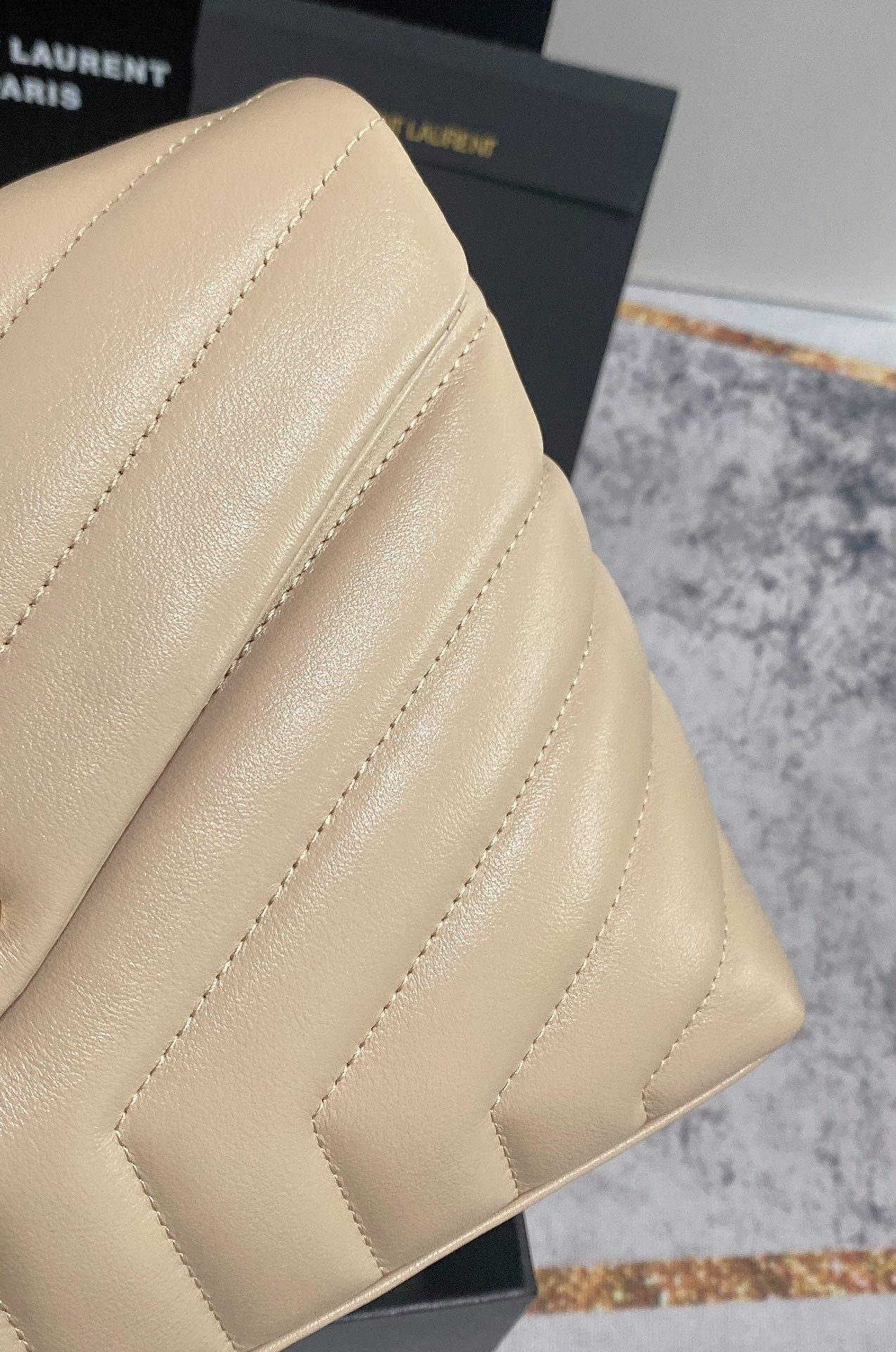 Y*L loulou small in quilted leather light beige 9 x 6.1 x 3.3 inches