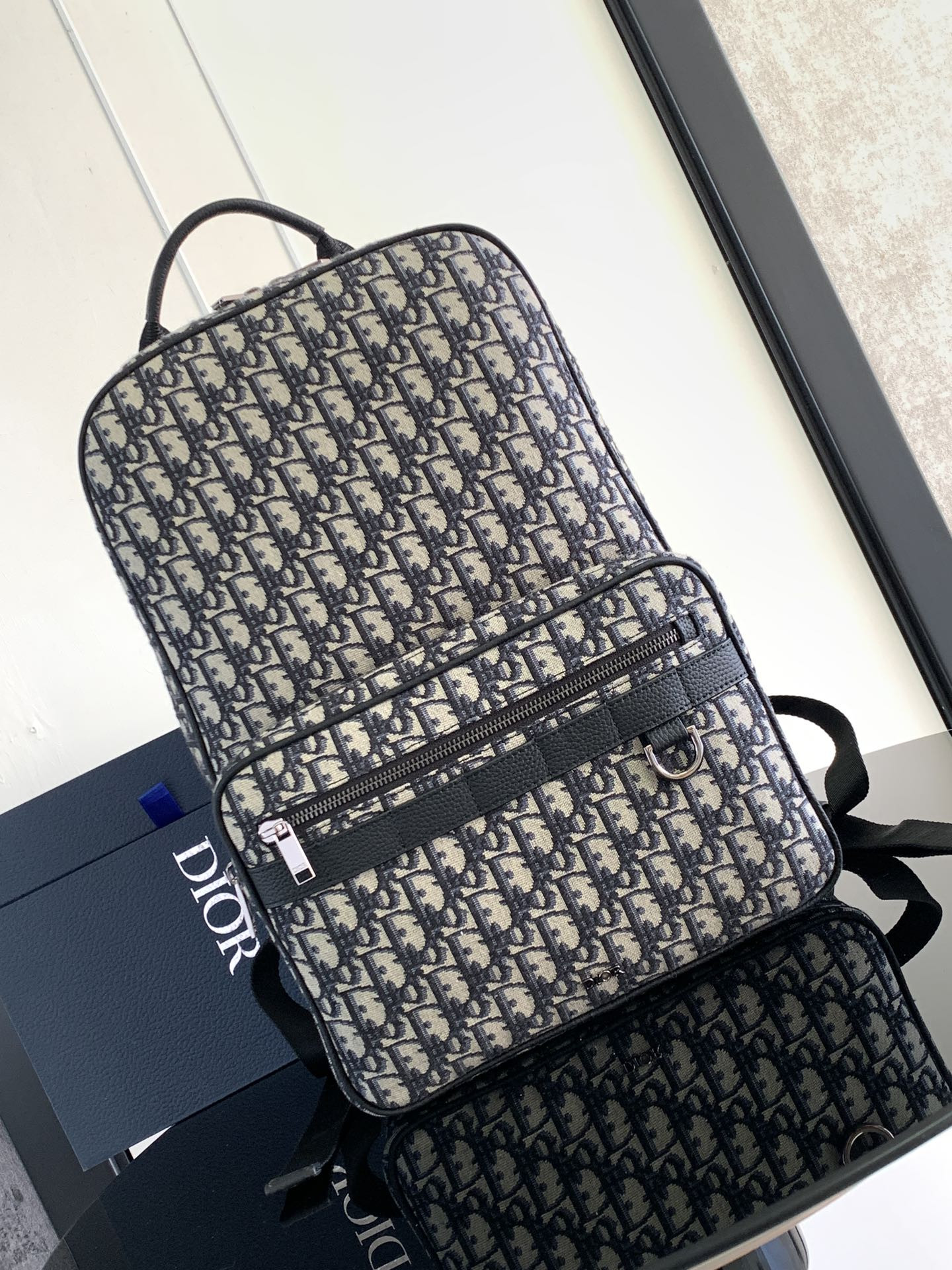 D*or safari backpack  beige and black D*or oblique jacquard 11 x 16 x 5.5 inches