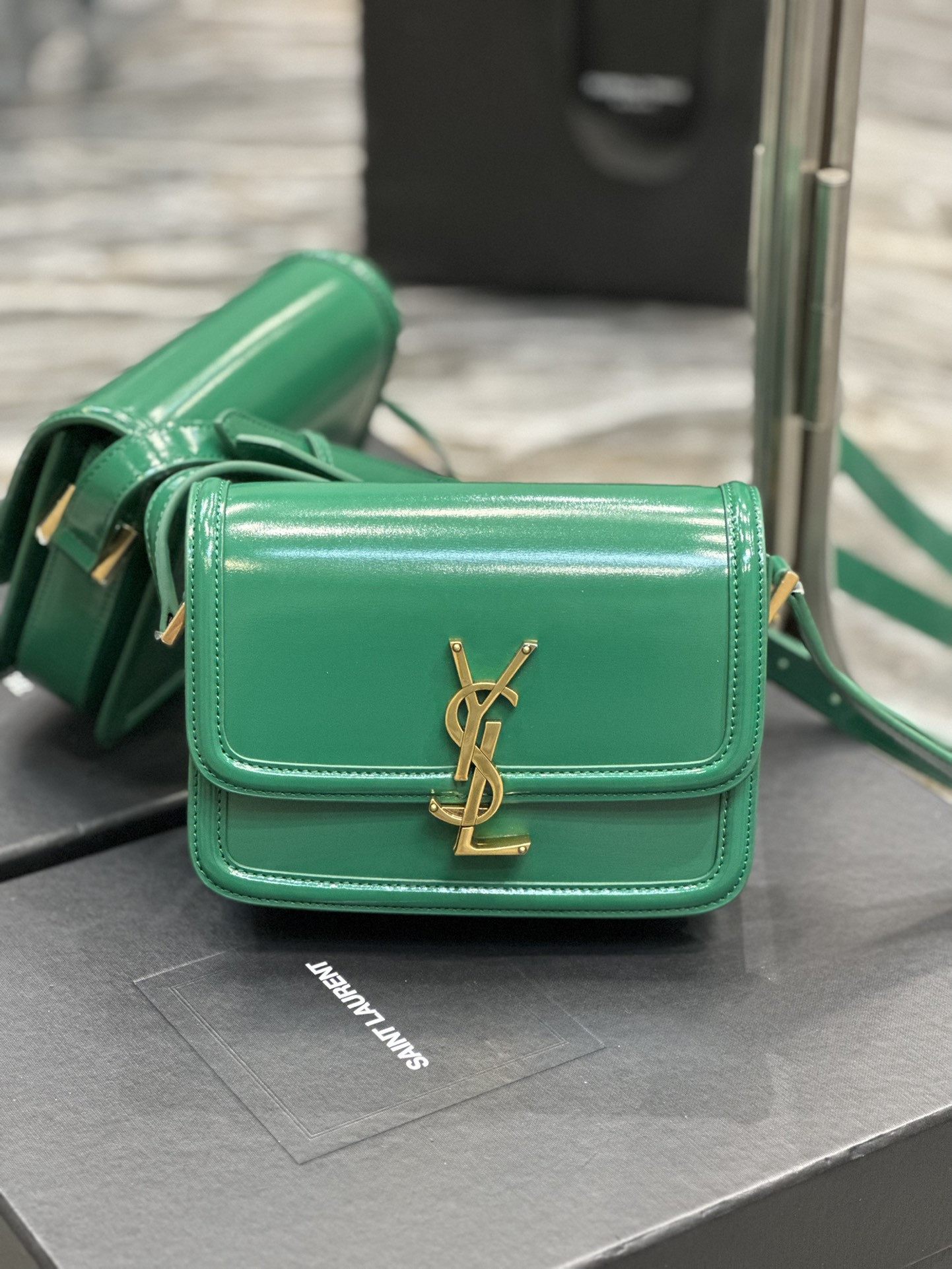 y*l solferino small satchel in box Sa**t Lau*nt green 7.4 x 5.1 x 1.9 inches