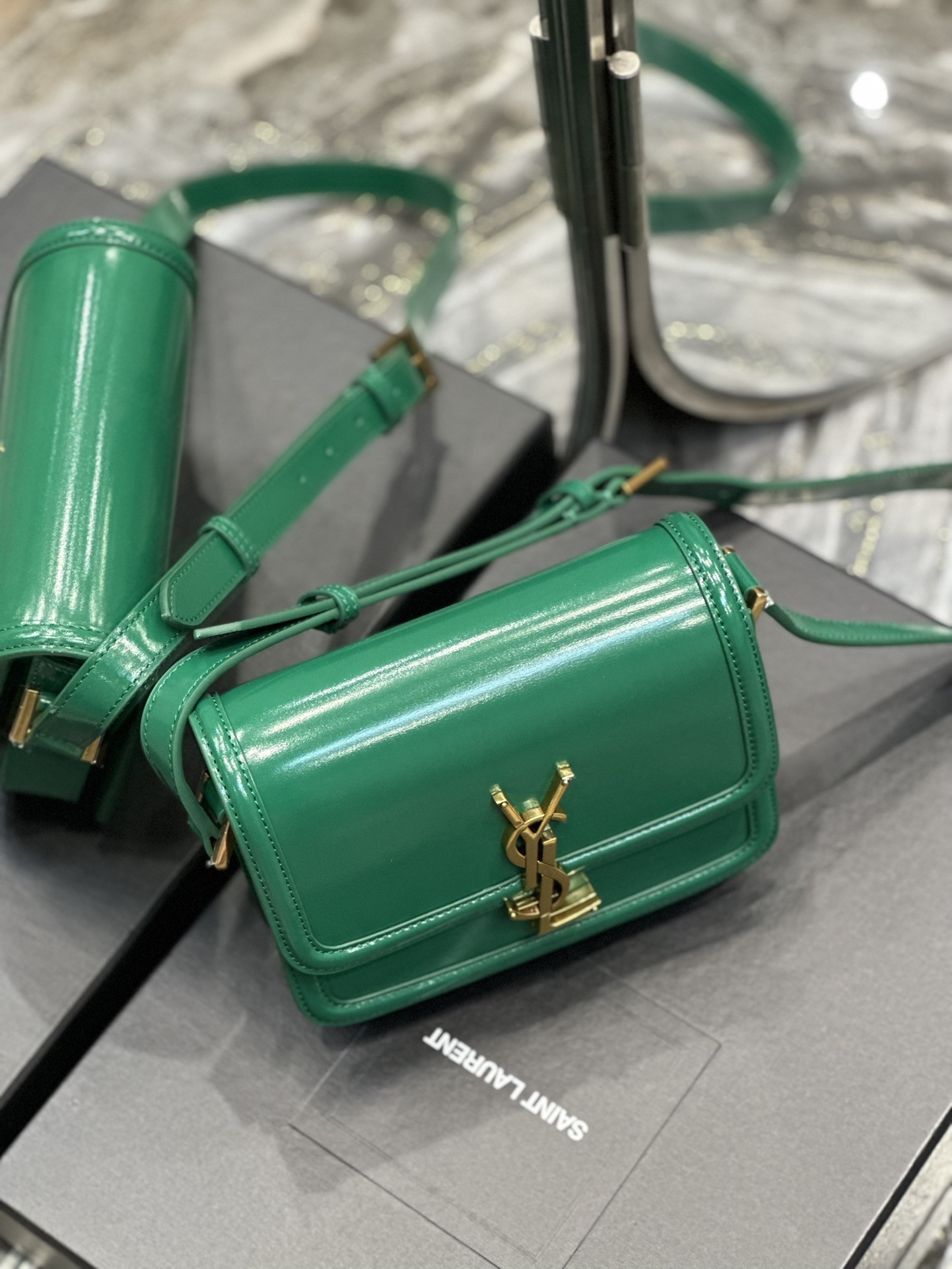 y*l solferino small satchel in box Sa**t Lau*nt green 7.4 x 5.1 x 1.9 inches