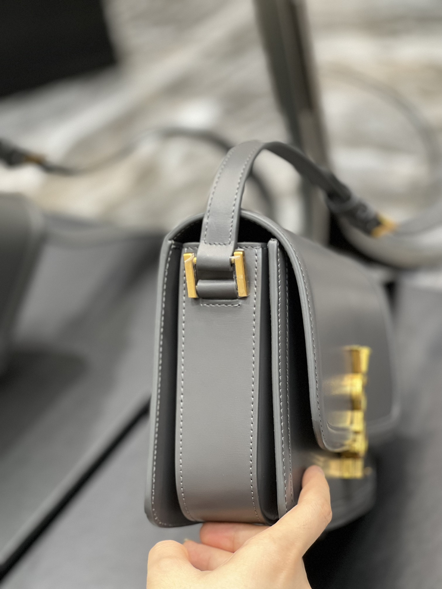 y*l solferino medium satchel in box Sa**t Lau*nt light gray 9.1 x 6.3 x 2.4 inches