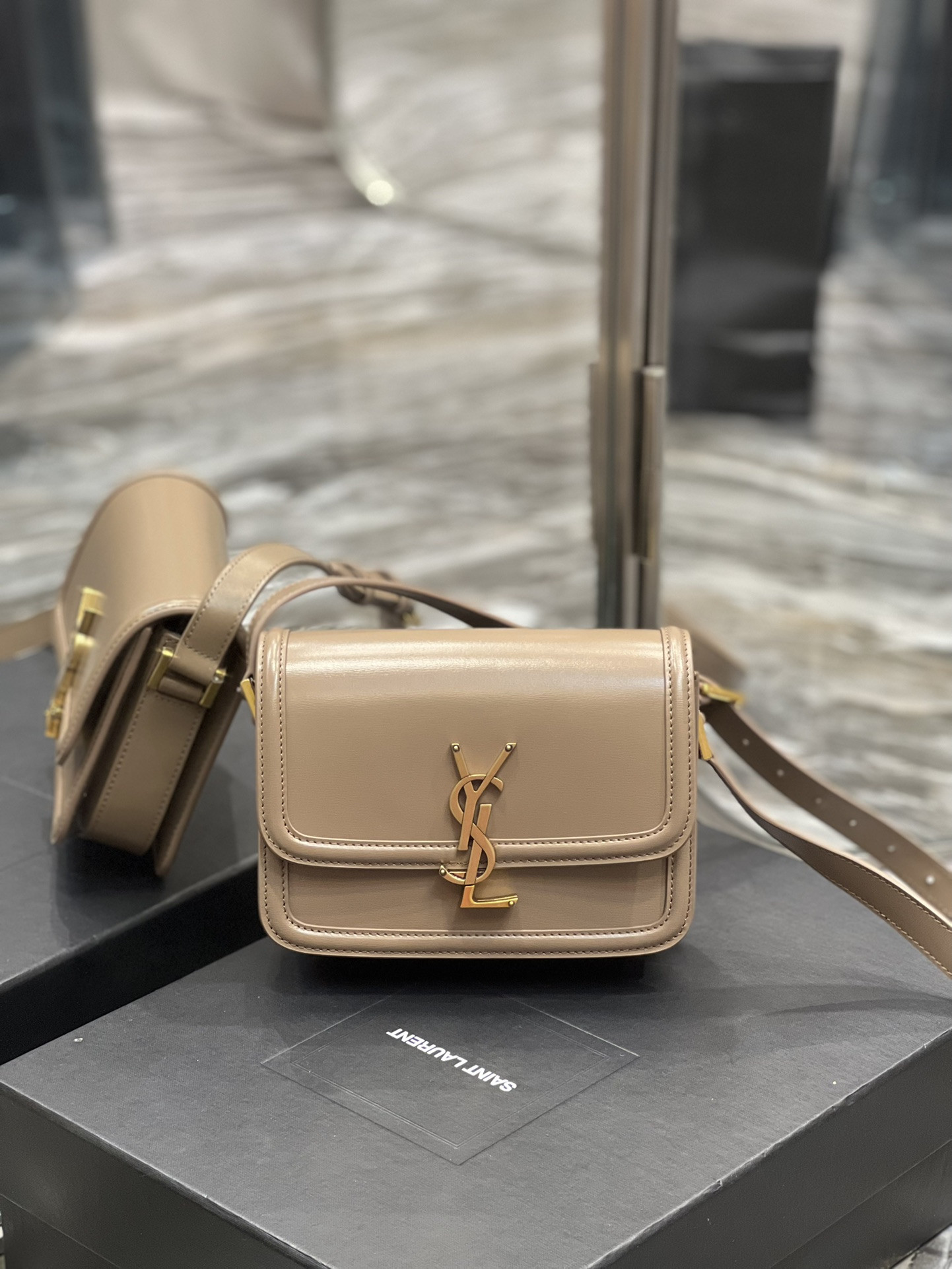 y*l solferino small satchel in box Sa**t Lau*nt pink 7.4 x 5.1 x 1.9 inches
