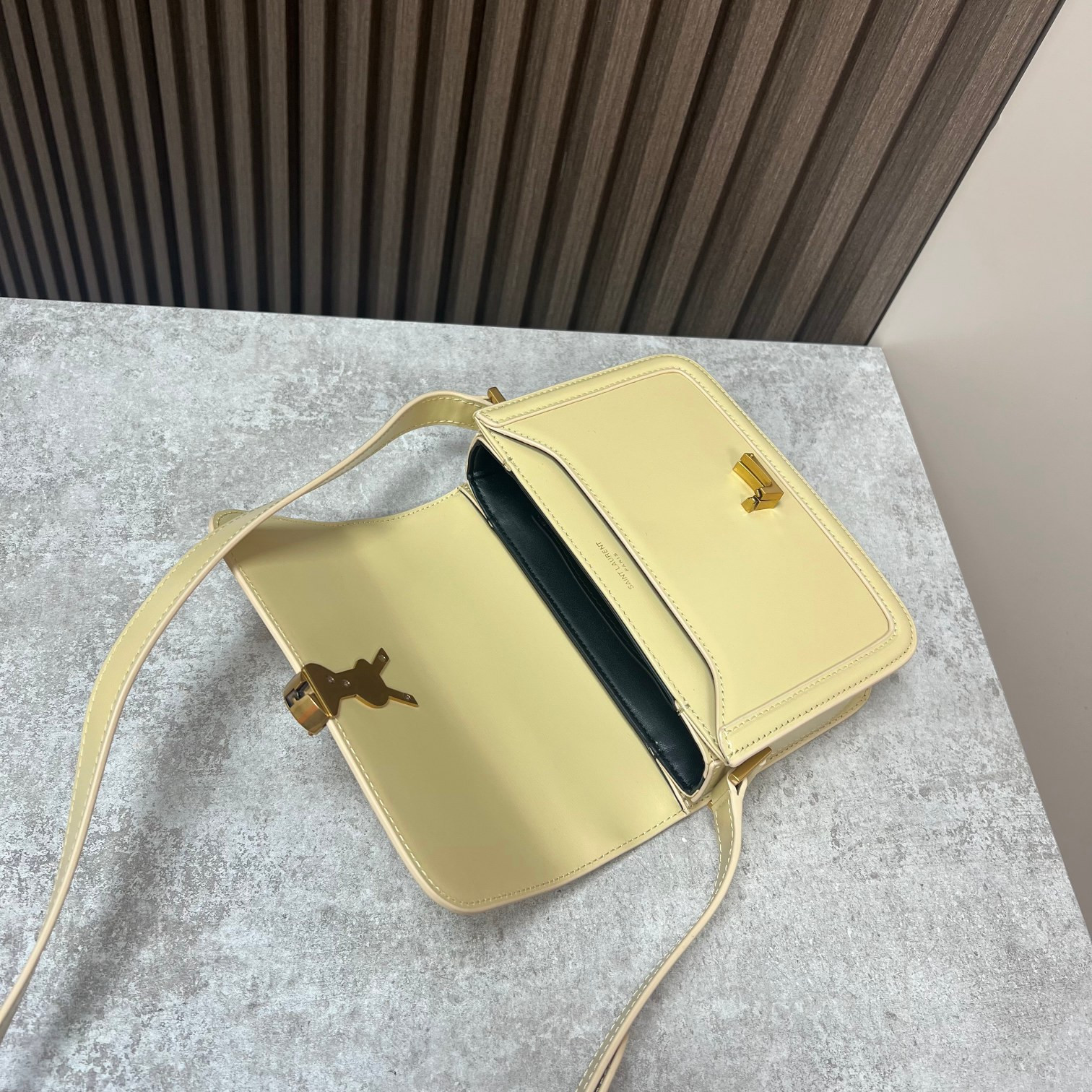 y*l solferino small satchel in box Sa**t Lau*nt yellow 7.4 x 5.1 x 1.9 inches