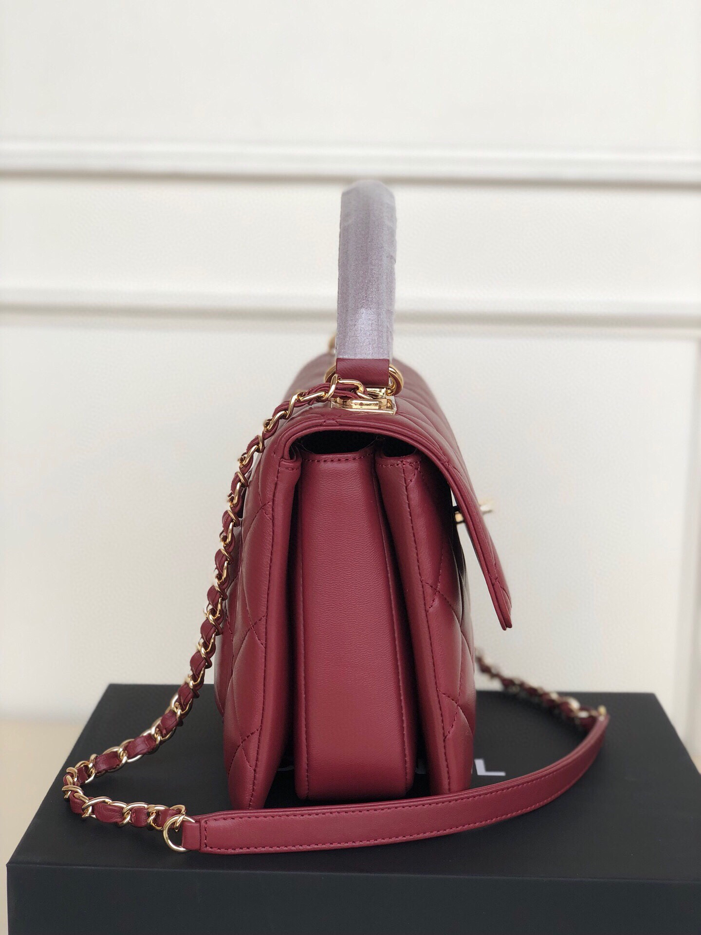 Ch*el flap bag with top handle 6.6 × 9.8 × 4.7 in