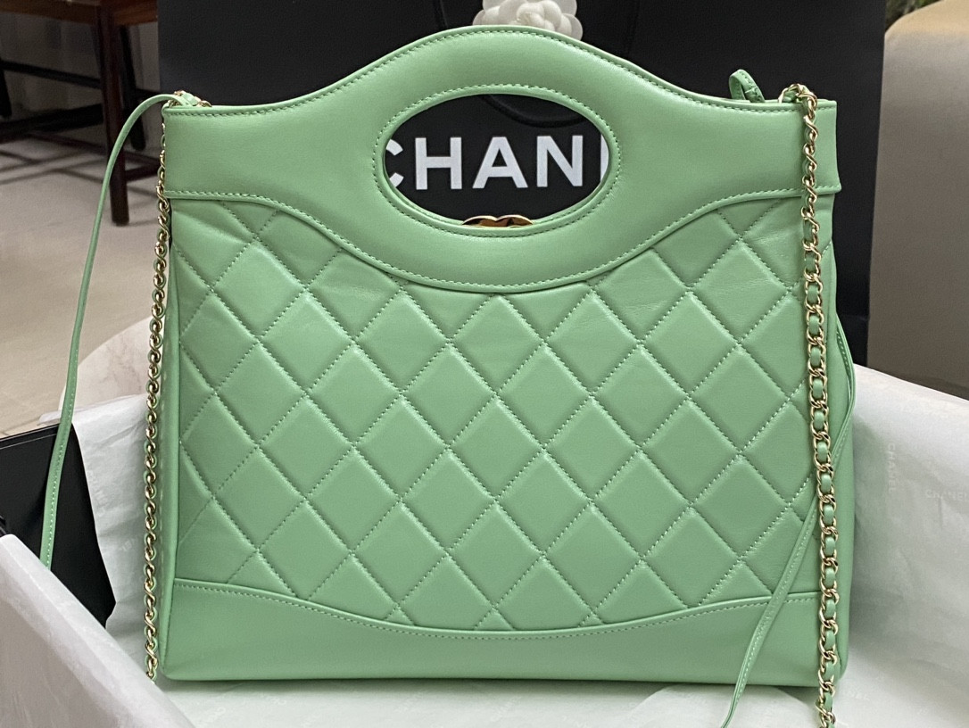 Ch*el shopping bag shiny lambskin & gold-tone metal light green 11.7 × 11.3 × 3.5 in