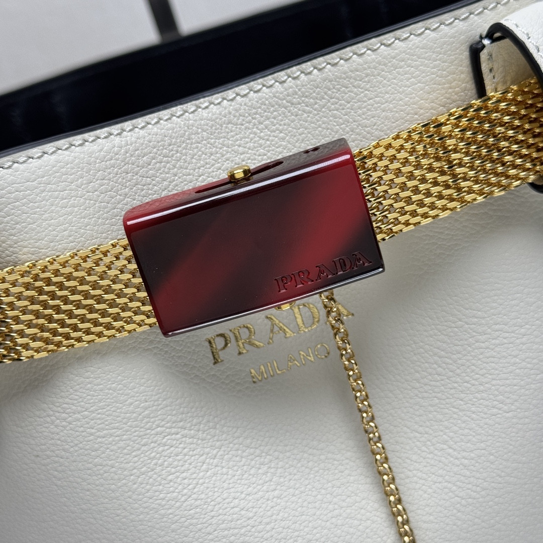 Pra*a buckle leather bucket bag with jeweled belt 29x26.5x18cm