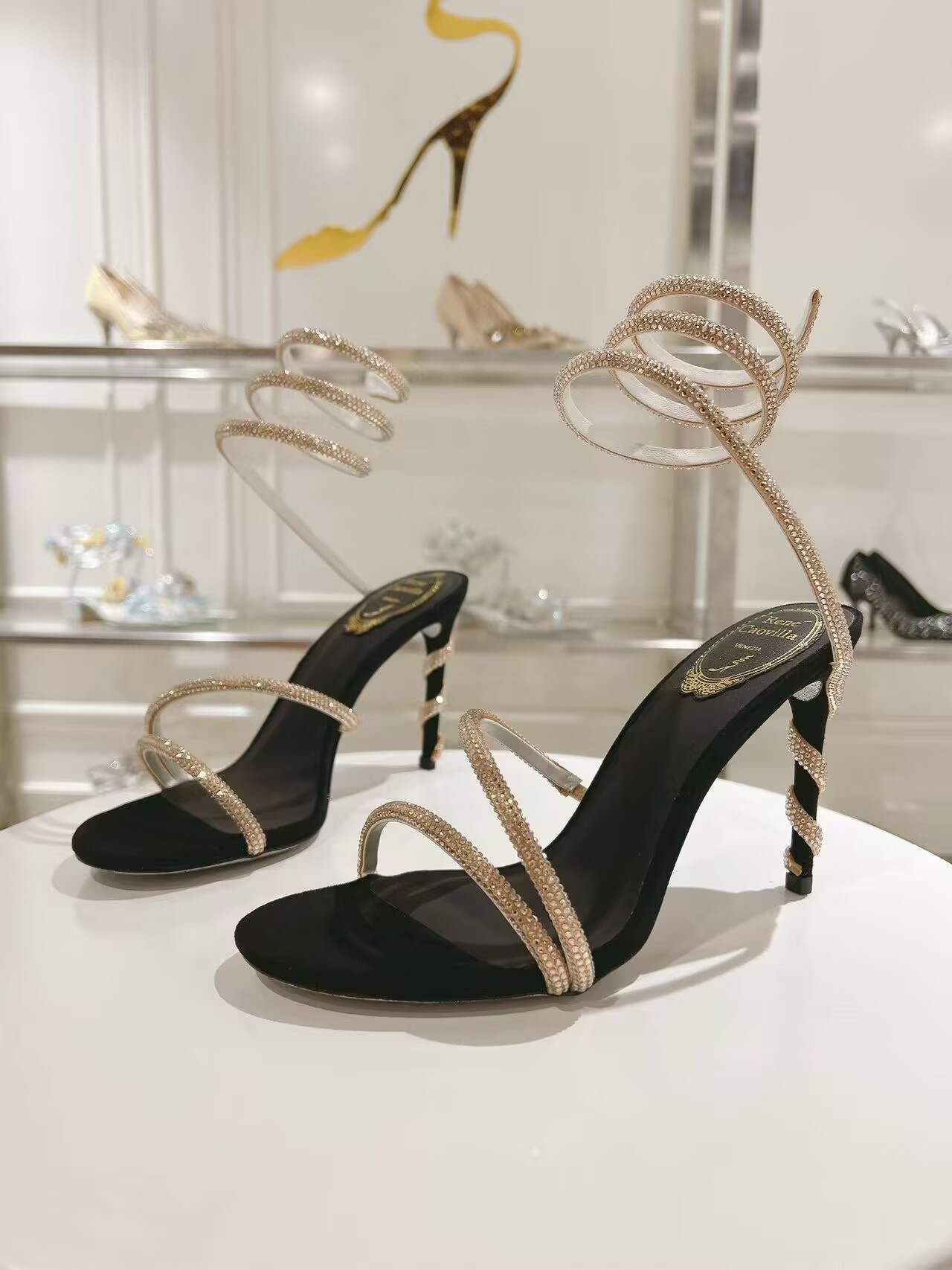 UA RENÉ CAOVILLA MARGOT BLACK JEWEL SANDALS SNAKE 95mm