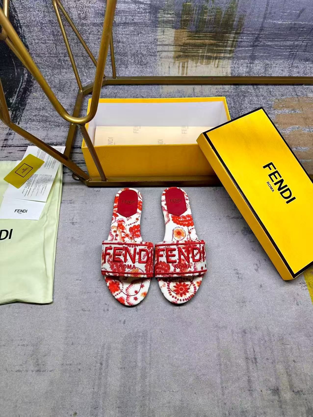 UA F**di Sunshine Red and Camelia Canvas Slides
