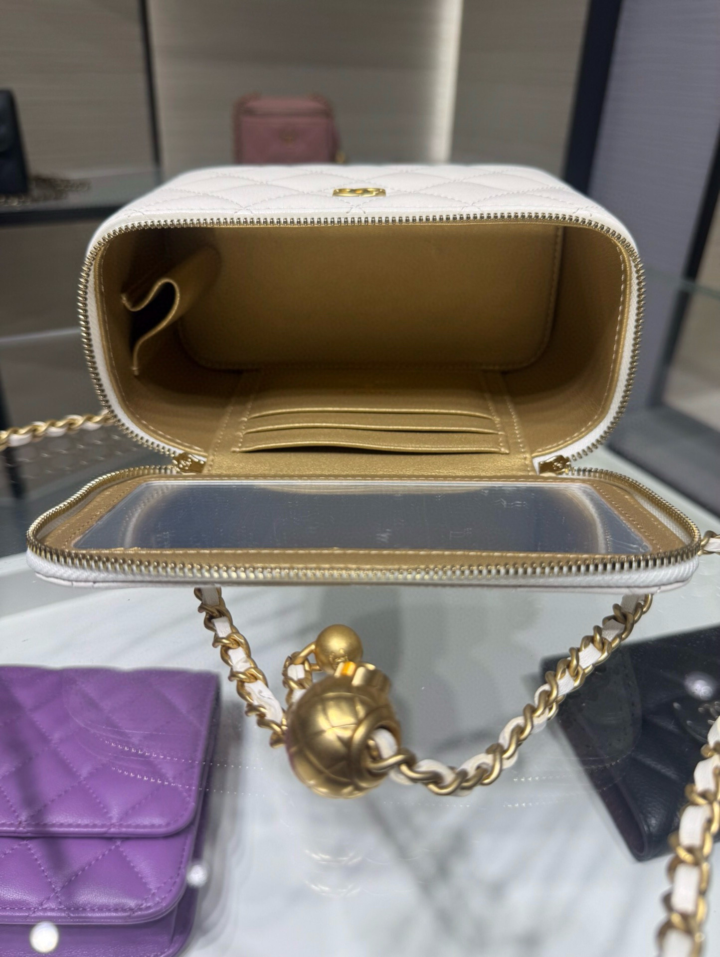 Ch**el Walnut Gold Ball Chain with Makeup Mirror Lamb Leather Square Box Shoulder Bag Women