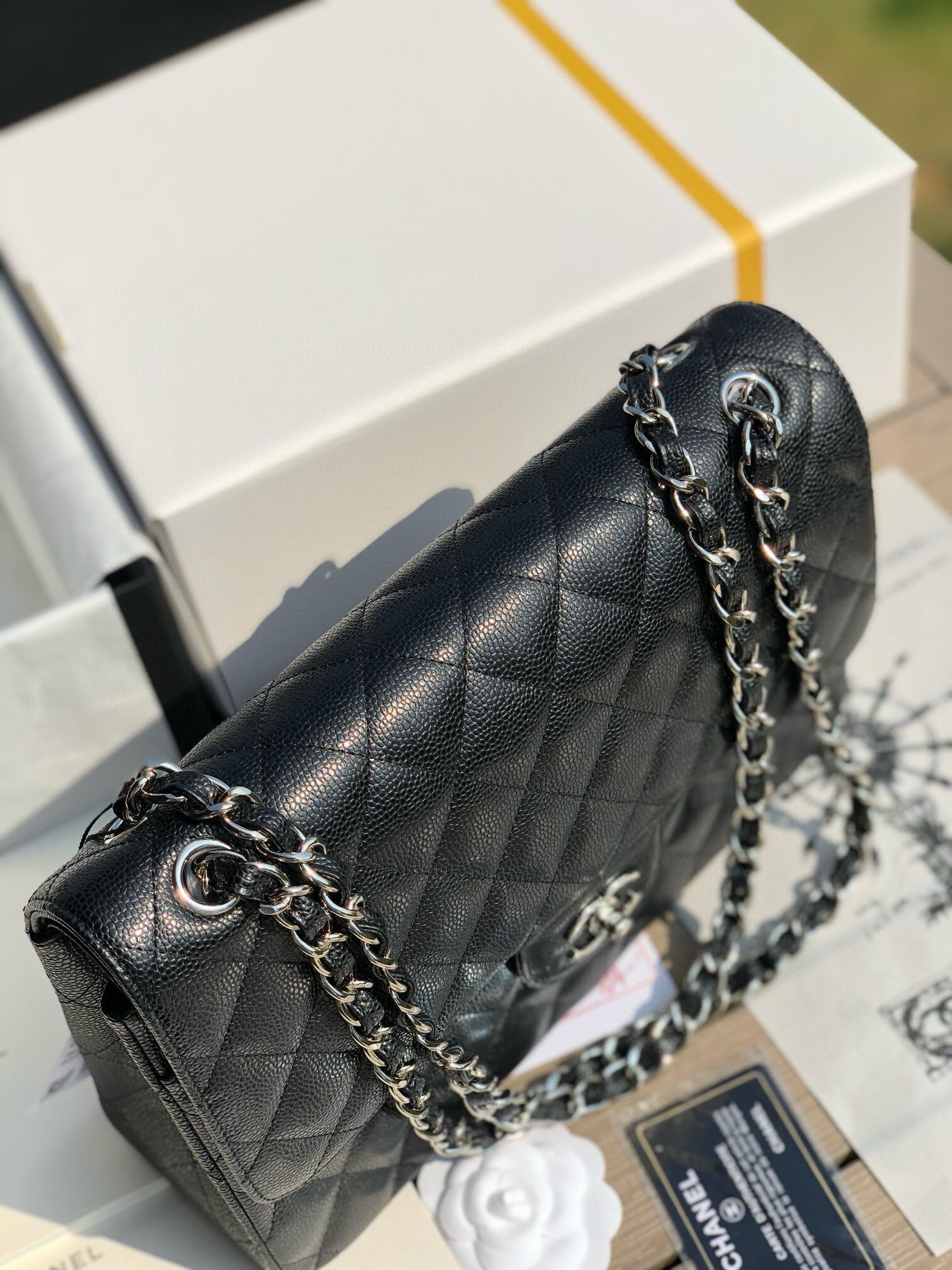 Ch**el Classic Flap Jumbo 30cm CF black Silver  7.6 × 11.7 × 3.9 in