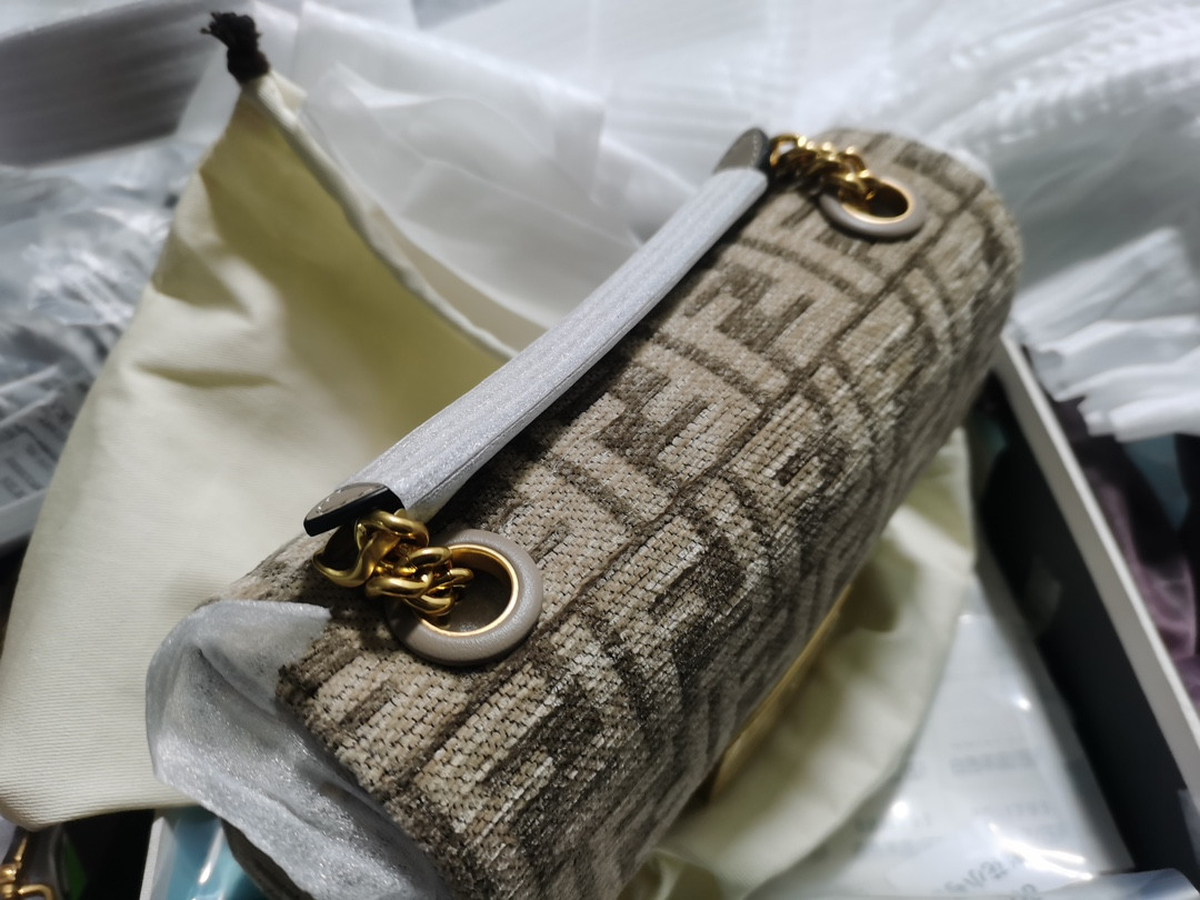 F**di Baguette Chain Midi dove gray tapestry fabric bag with FF motif 14.5x7x24 cm