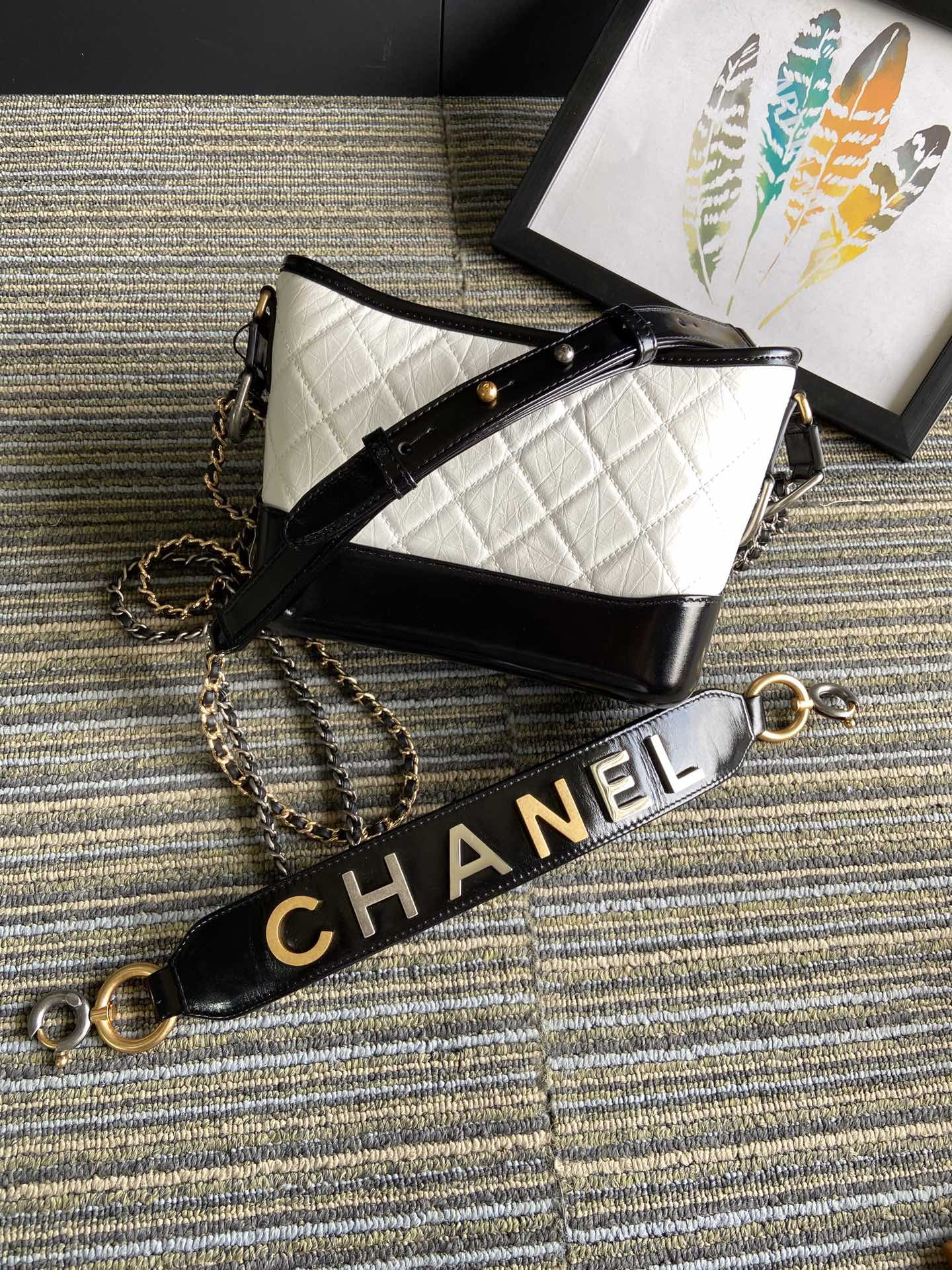Ch**el Gabrielle SMALL WHITE BLACK with shoulder strap letters 20 x 15 x 8cm