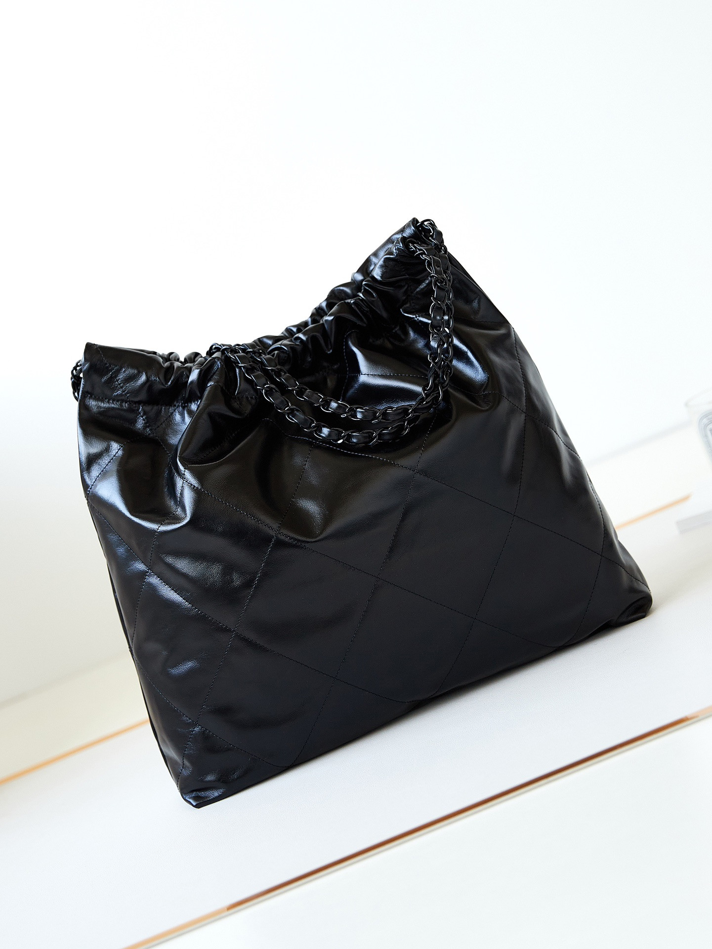 Ch**el 22 HANDBAG Shiny Calfskin ALL Black 15.2×16.4×3.1 in