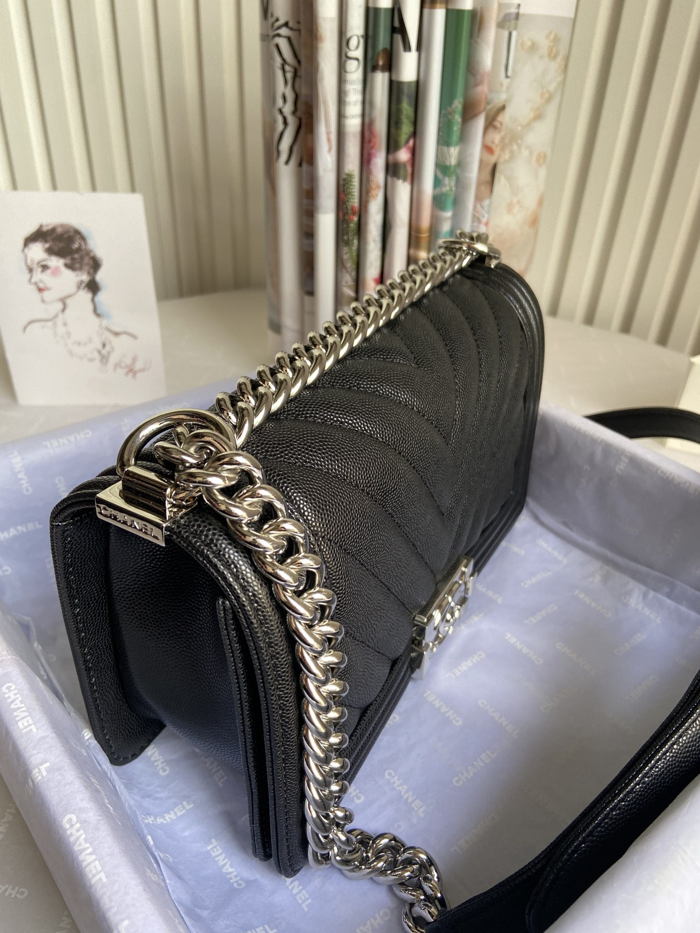 BOY Ch**el HANDBAG Shiny Grained Calfskin & Silver-Tone Metal Black 5.9 × 9.8 × 3.5 in