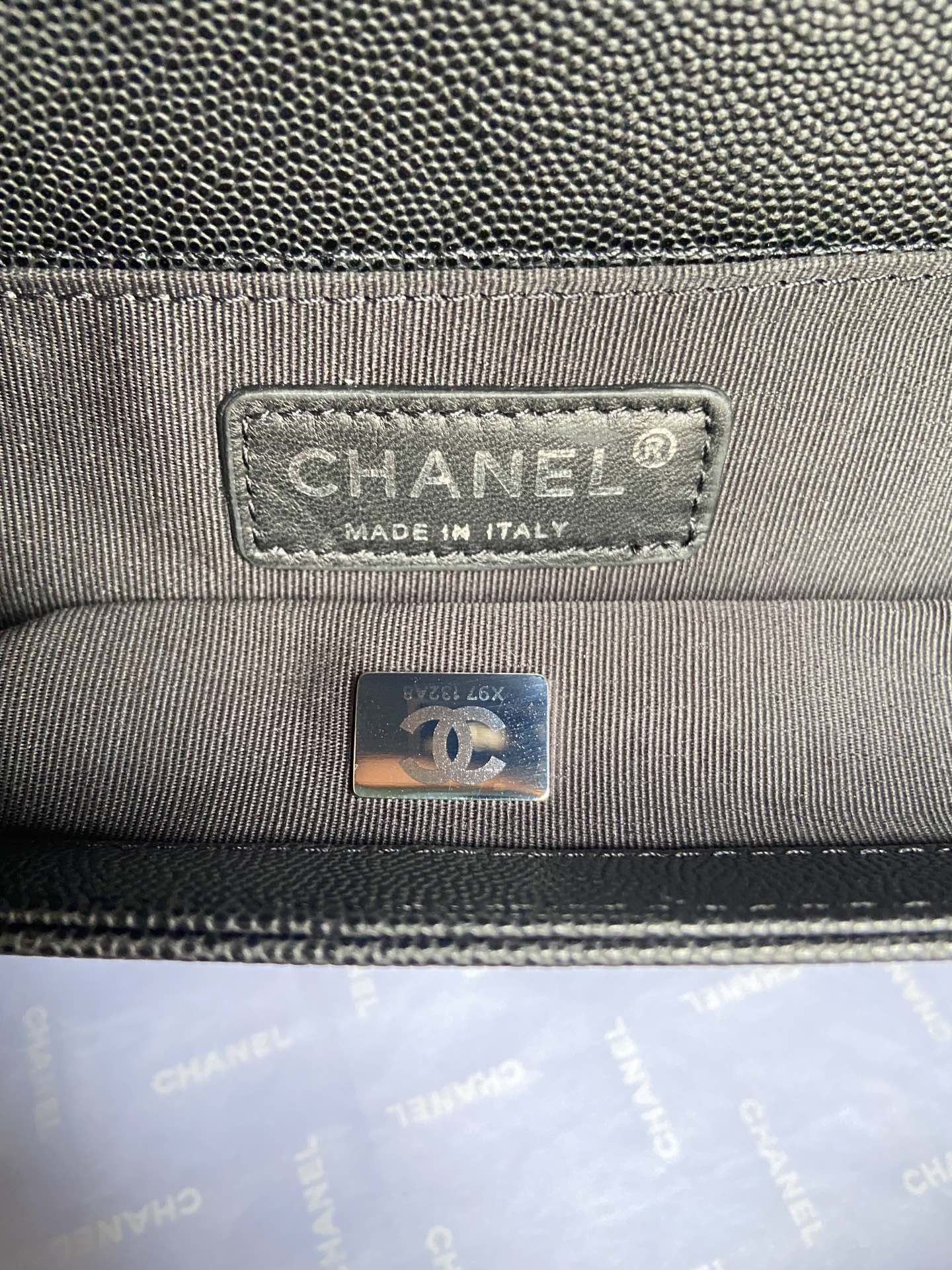 BOY Ch**el HANDBAG Shiny Grained Calfskin & Silver-Tone Metal Black 5.9 × 9.8 × 3.5 in