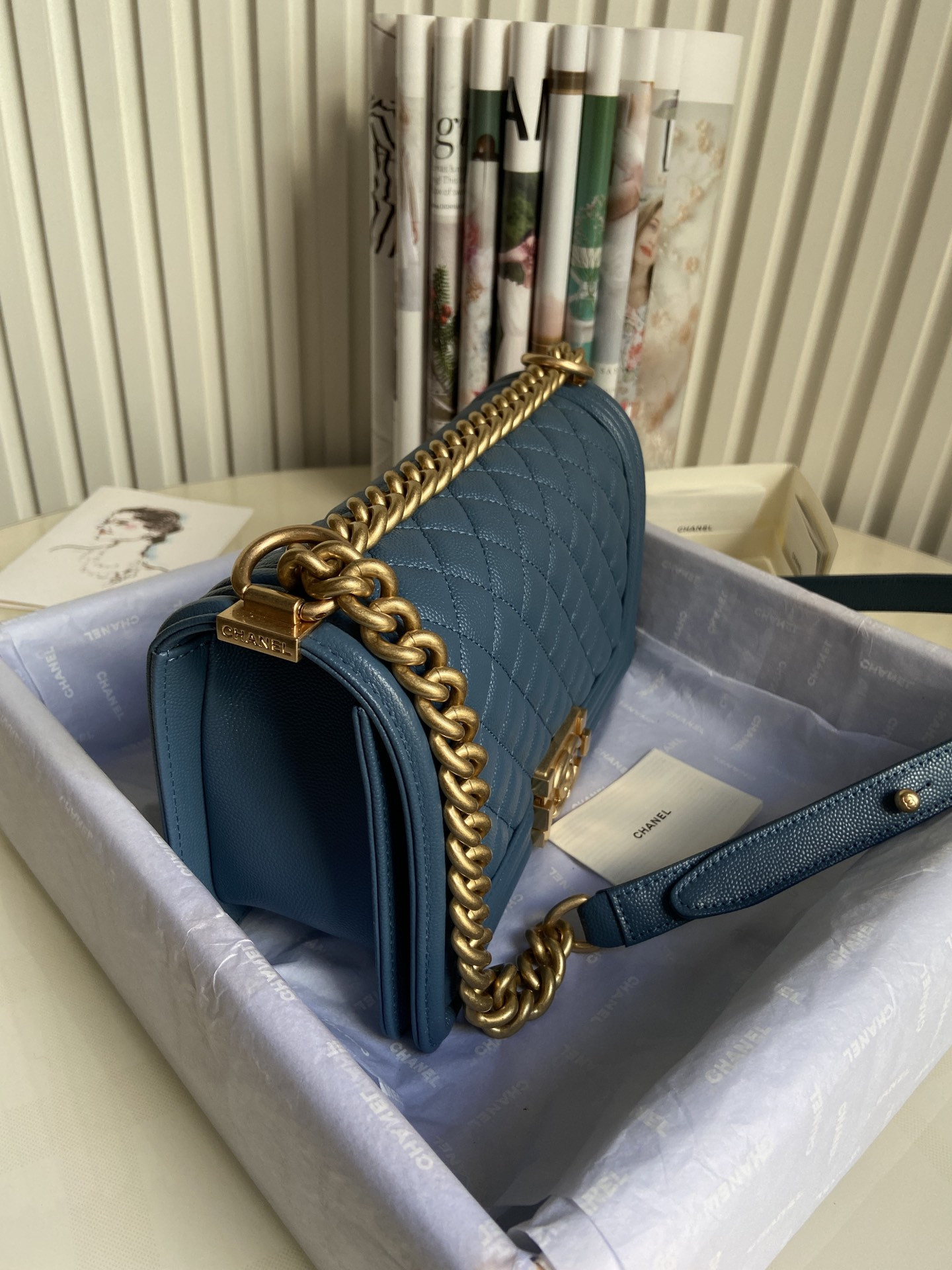 BOY Ch**el HANDBAG Shiny Grained Calfskin & Gold-Tone Metal Blue 5.9 × 9.8 × 3.5 in
