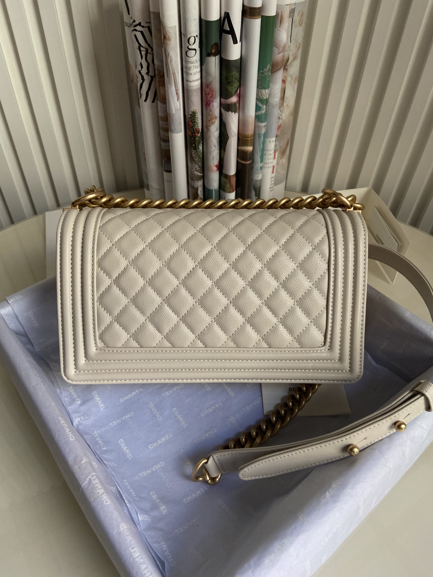 BOY Ch**el HANDBAG Shiny Grained Calfskin & Gold-Tone Metal Beige 5.9 × 9.8 × 3.5 in