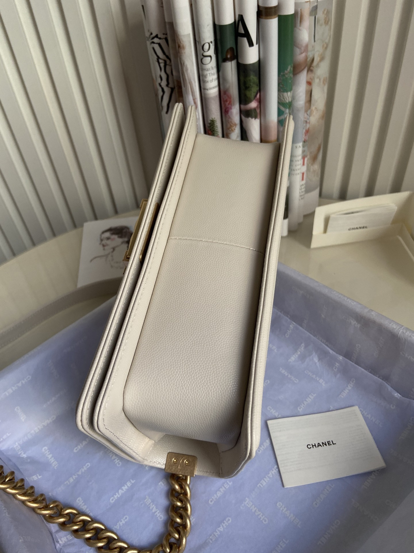 BOY Ch**el HANDBAG Shiny Grained Calfskin & Gold-Tone Metal Beige 5.9 × 9.8 × 3.5 in