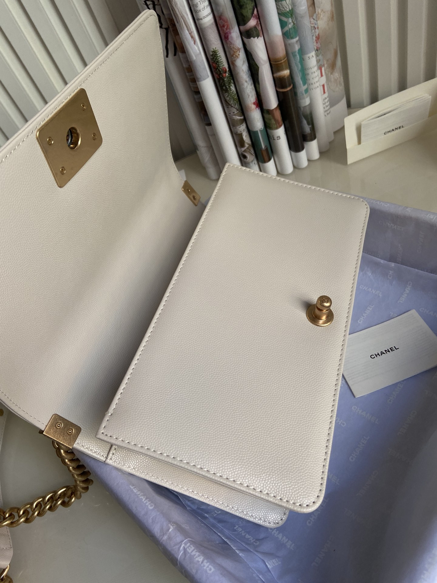 BOY Ch**el HANDBAG Shiny Grained Calfskin & Gold-Tone Metal Beige 5.9 × 9.8 × 3.5 in