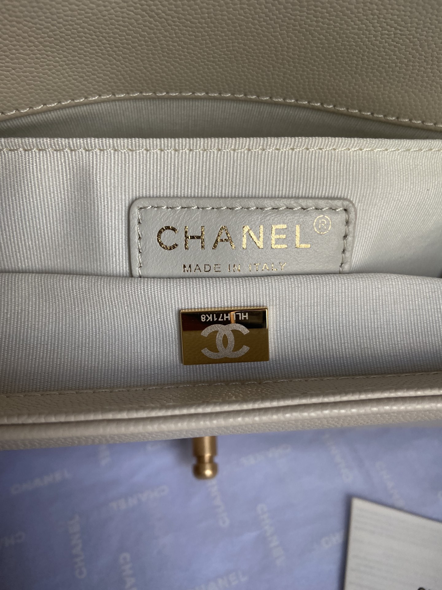 BOY Ch**el HANDBAG Shiny Grained Calfskin & Gold-Tone Metal Beige 5.9 × 9.8 × 3.5 in
