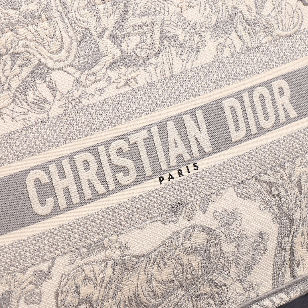 Medium D10r Book Tote Ecru and Gray Toile de Jouy Embroidery 14 x 11 x 6.5 inches