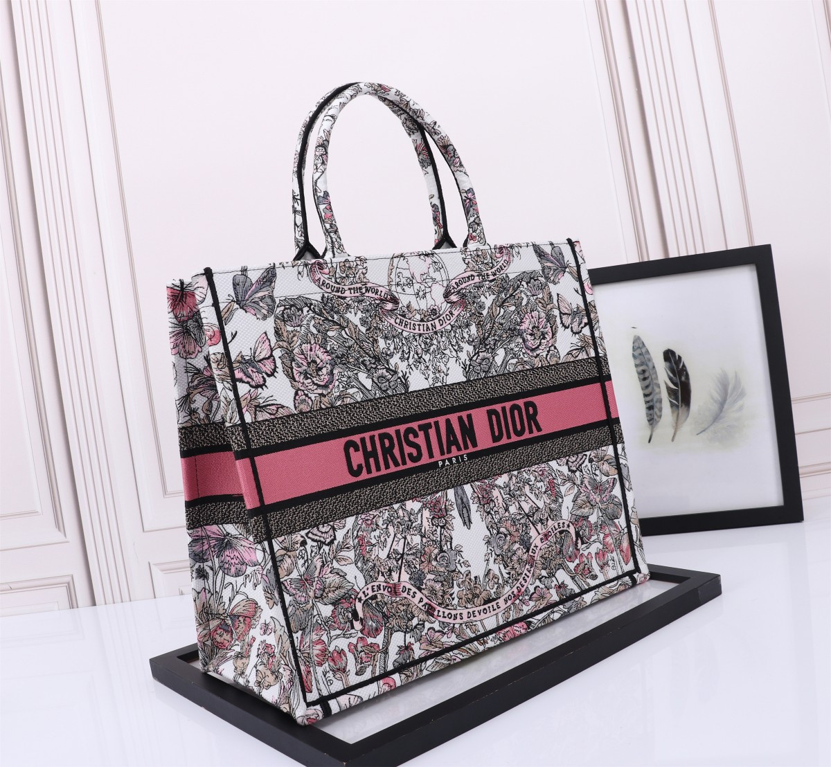 Large D10r BOOK TOTE WHITE AND PASTEL PINK BUTTERFLY AROUND THE WORLD EMBROIDERY 16.5 x 14 x 7.5 inches