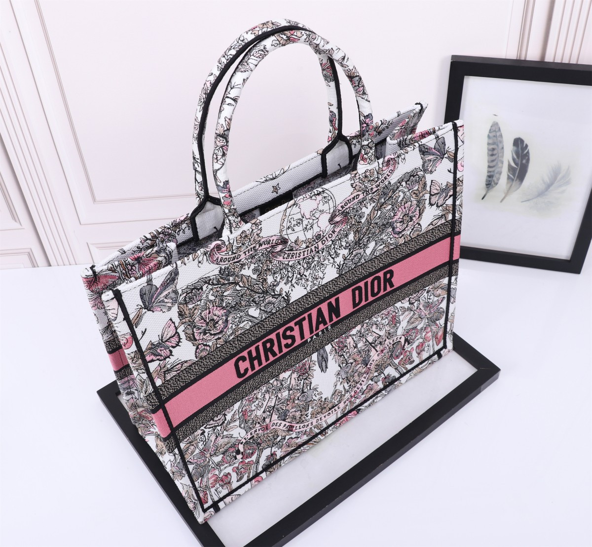 Large D10r BOOK TOTE WHITE AND PASTEL PINK BUTTERFLY AROUND THE WORLD EMBROIDERY 16.5 x 14 x 7.5 inches