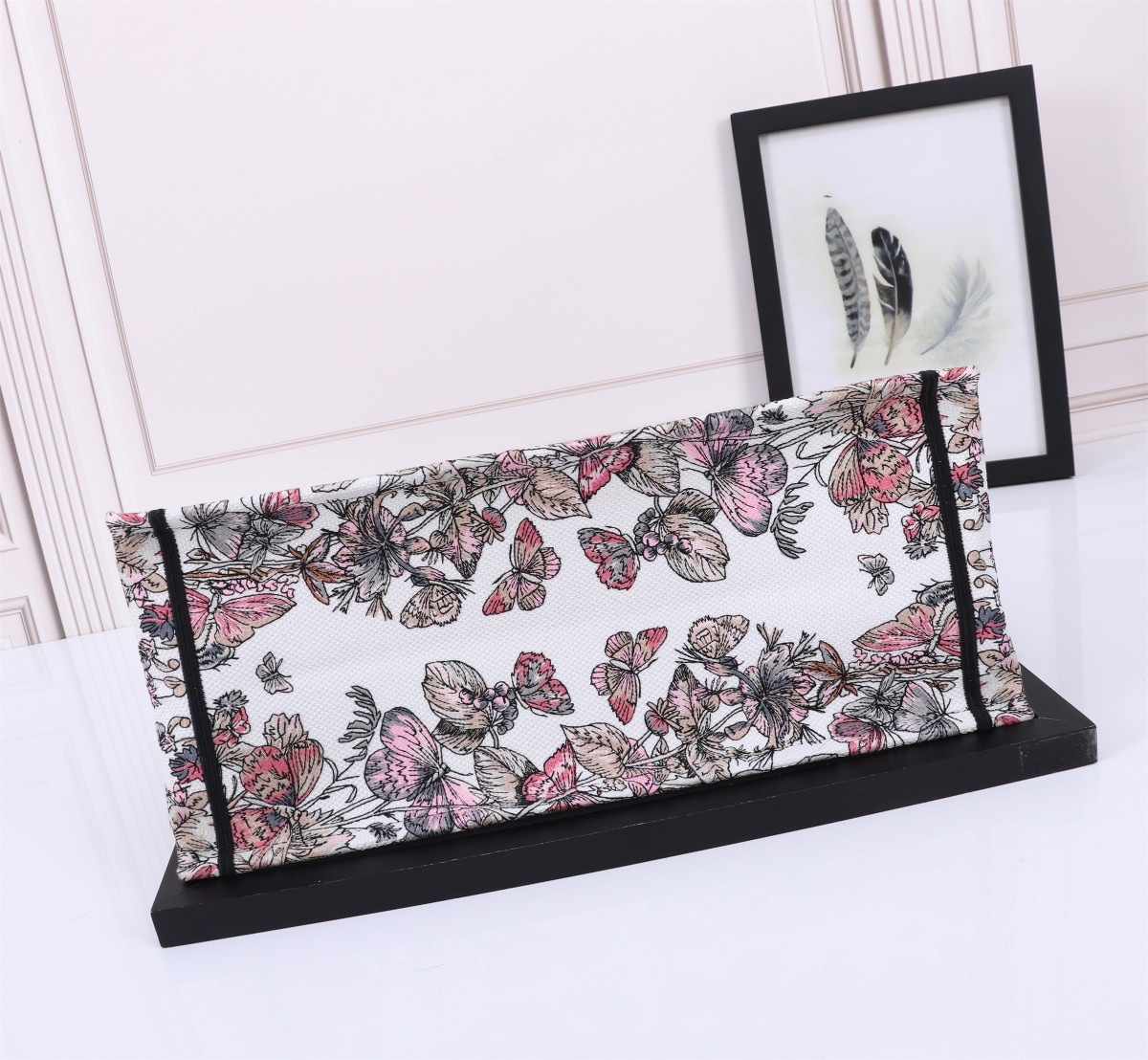Large D10r BOOK TOTE WHITE AND PASTEL PINK BUTTERFLY AROUND THE WORLD EMBROIDERY 16.5 x 14 x 7.5 inches