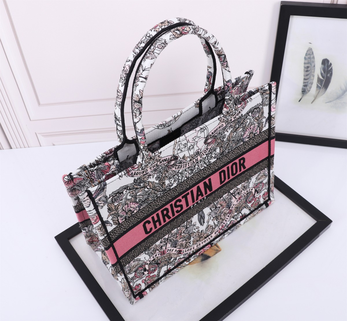Medium D10r Book Tote  White and Pastel Pink Butterfly Around The World Embroidery 14 x 11 x 6.5 inches