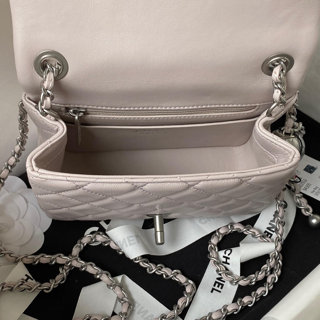 Ch**el MINI FLAP BAG SHINY CALFSKIN & SILVER-Tone METAL 5.3 × 6.6 × 3.1 in